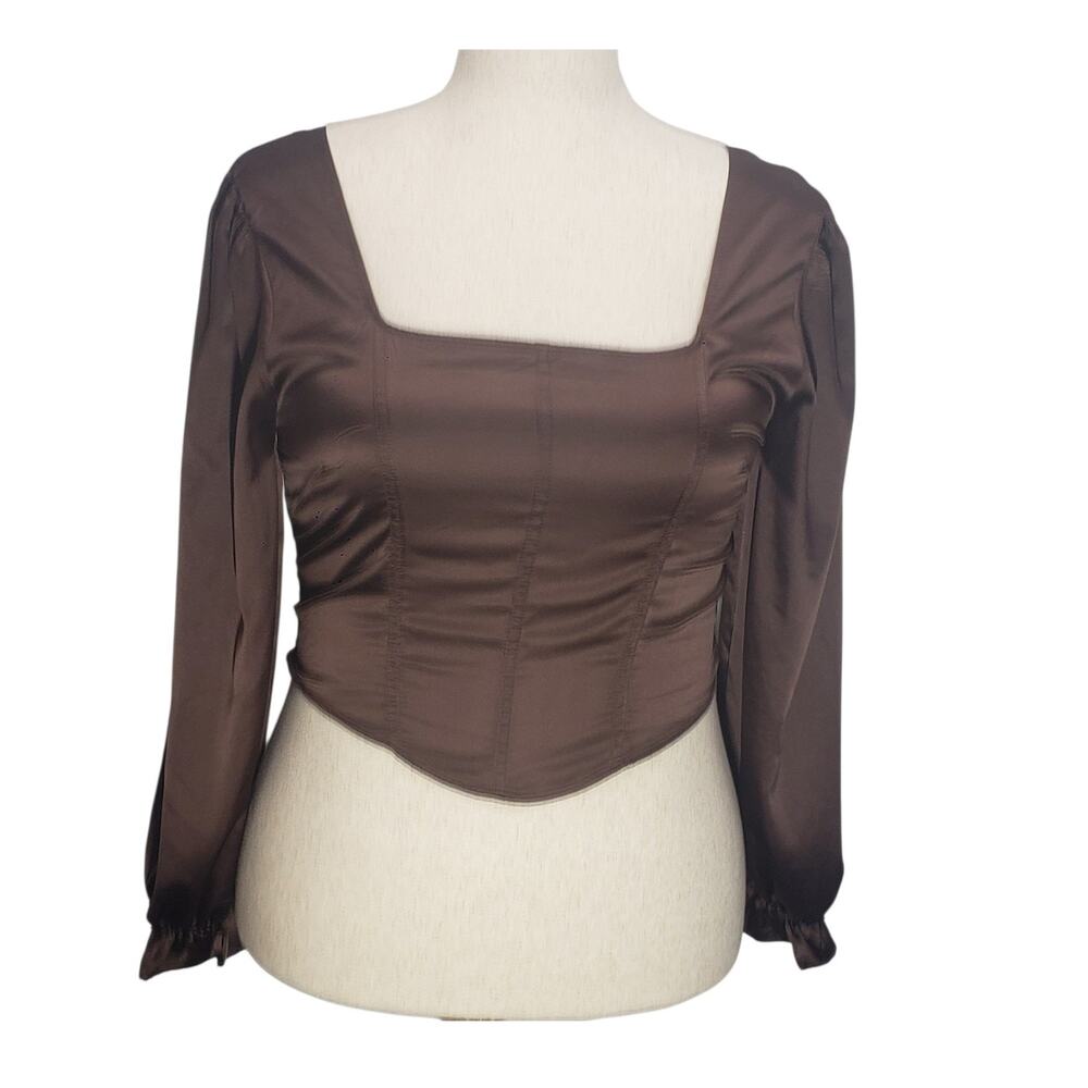 Crave Fame Brown Corset Top Basque Dip Waist Satin Look Cottagecore Milkmaid XL
